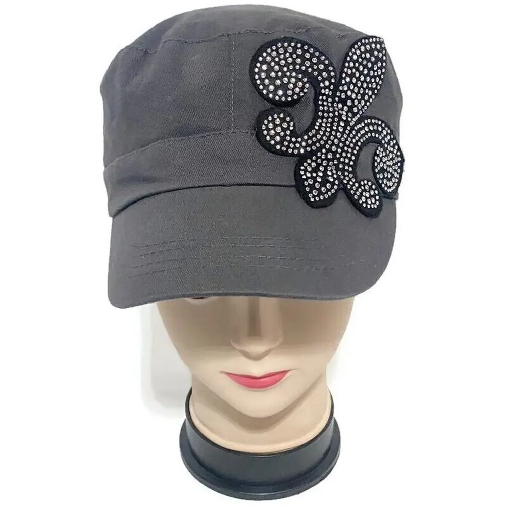 D&Y Accessories Women's Black Fleur De Lis Rhinestone Stretch Hat Elastafit